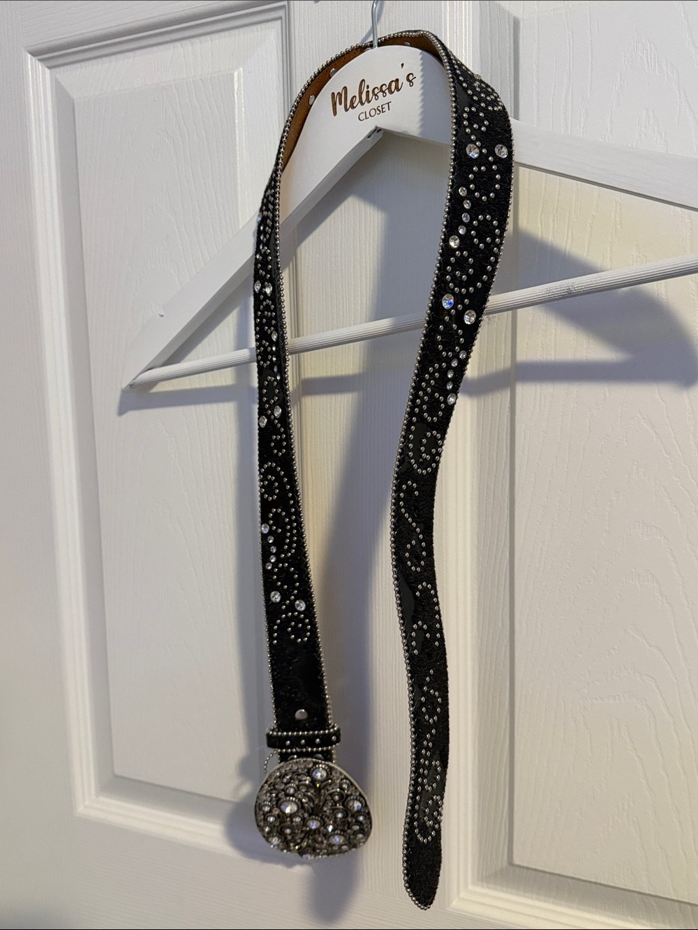 Nocona Western Black Leather Rhinestone Studded Belt M Ornate Crystal Buckle - Picture 6 of 8